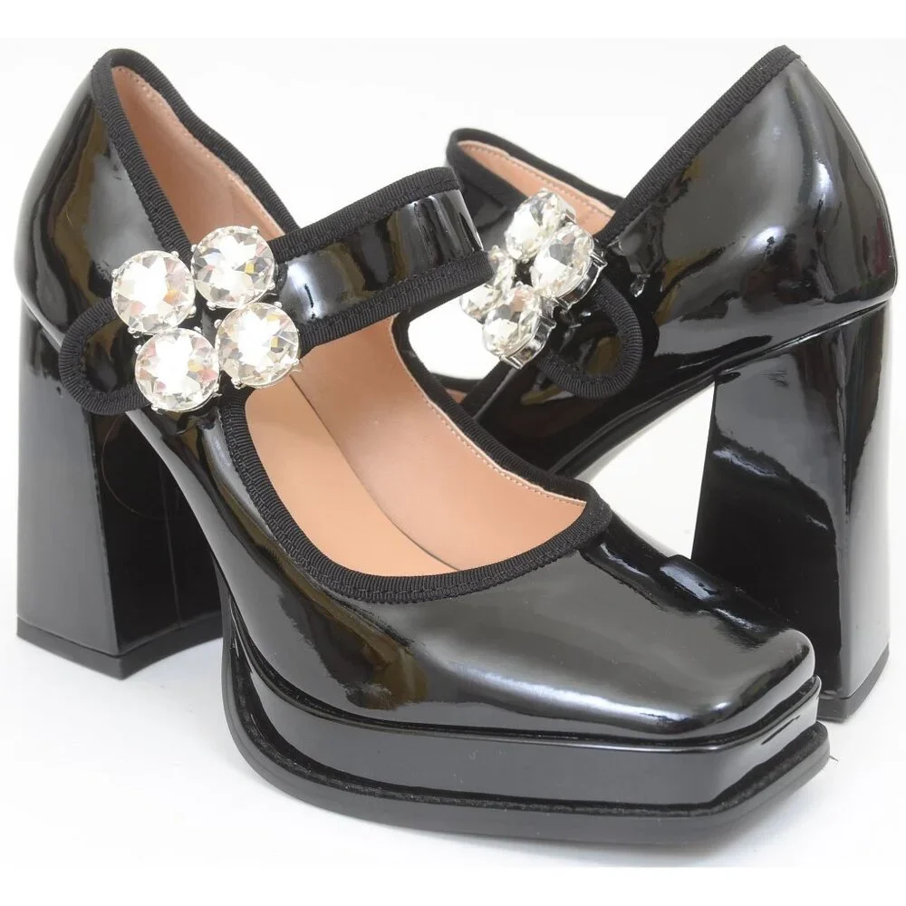 Bling! Mary Jane Black Patent Faux Leather Platform High Heel Shoes Goth Fairy